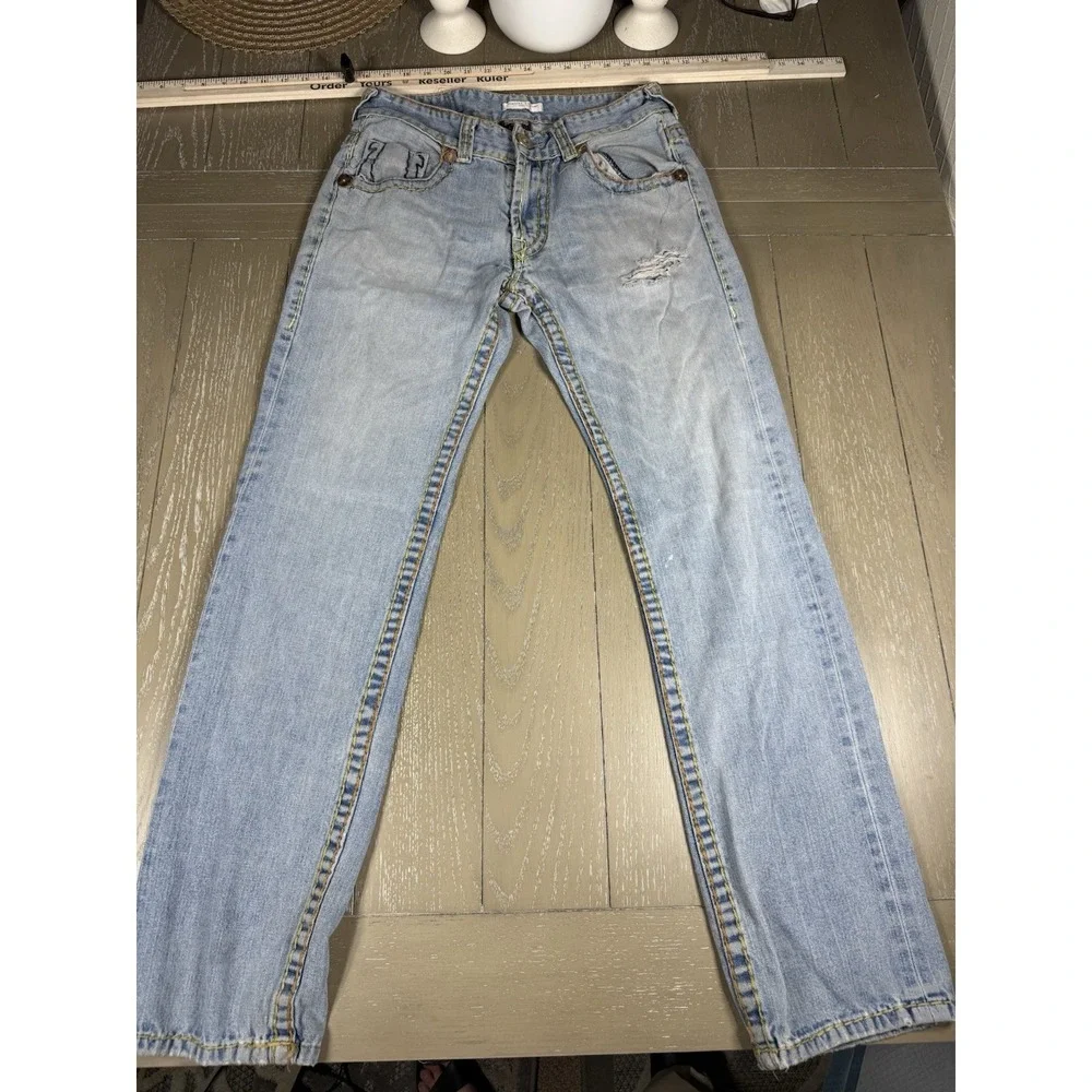 True Religion Jeans Mens 32 Light Wash Blue Limited Edition Big T Straight‎ Leg